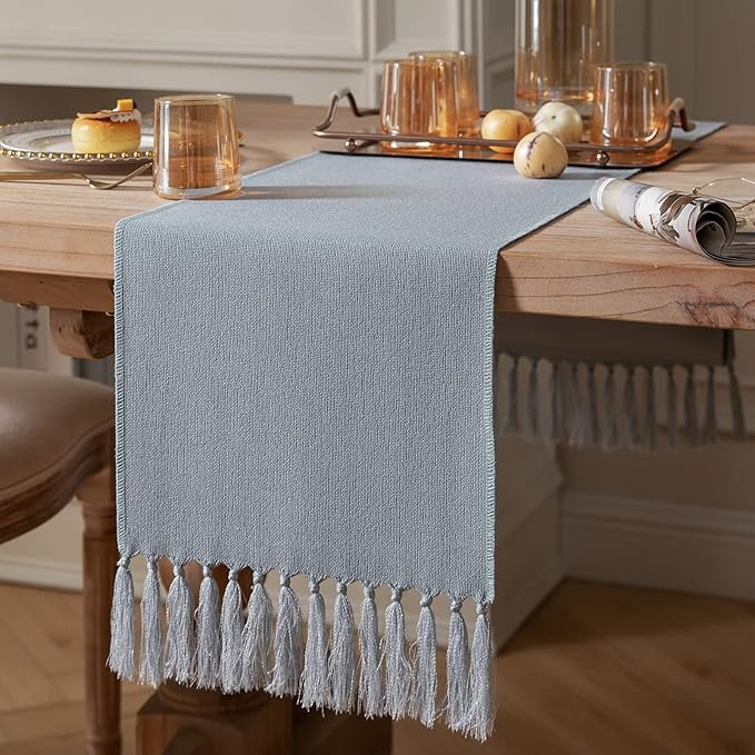 ZeeMart Dusty Blue Table Runners 48 Inches Long, Burlap Linen Style Rustic Farmhouse Table Runner, Small Short Boho Coffee Table Runner, 13x48 Inches, Light Dusty Blue