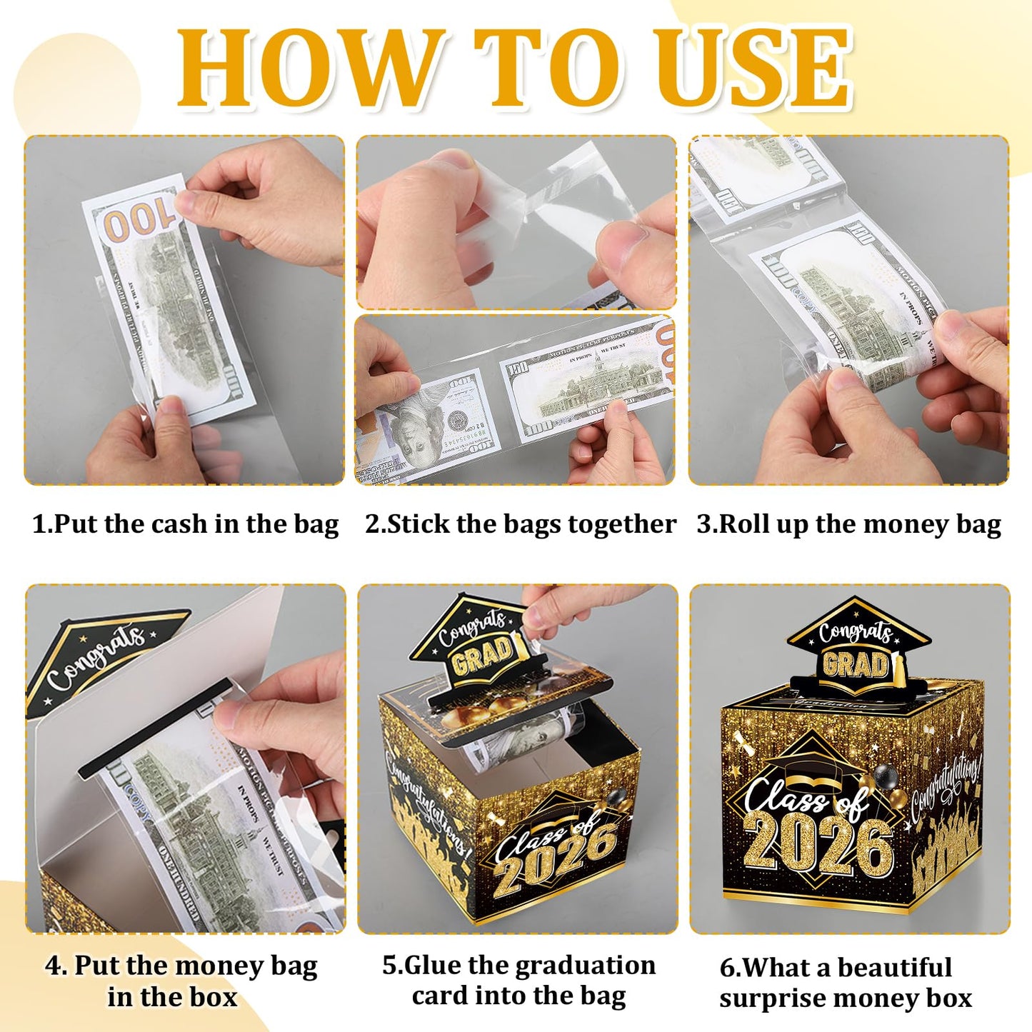 Graduation Money Box for Cash Gift Pull, Black Gold Money Pull Box Gift 2026 Grad Suprise, Funny Graduation Party Gift Pull Money Cash, Graduation Money Holder for Cash with Pull Out Card DIY Set