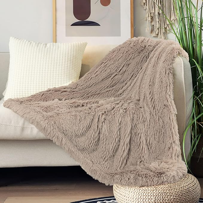 Tuddrom Decorative Extra Soft Faux Fur Throw Blanket 50"x60",Solid Reversible Fuzzy Lightweight Long Hair Shaggy Blanket,Fluffy Cozy Plush Fleece Comfy Microfiber Blanket for Couch Sofa Bed,Khaki