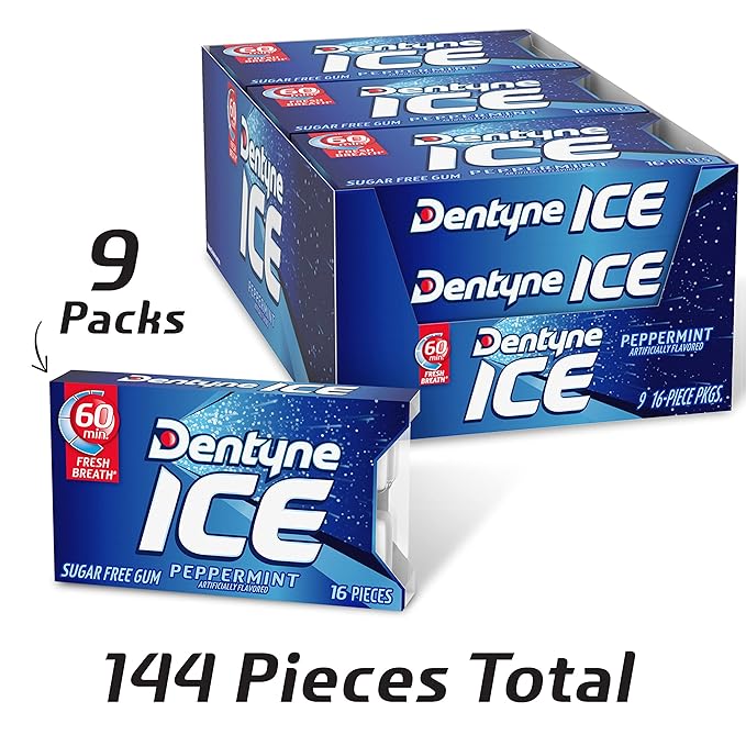 Dentyne Ice Peppermint Sugar-Free Chewing Gum, 9 Packs of 16 Pieces (144 Total Pieces)