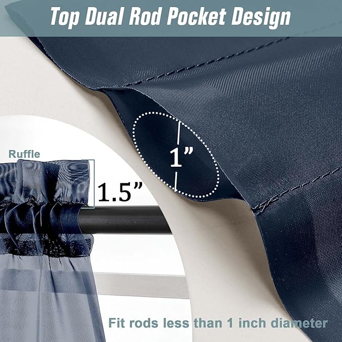 Navy Blue Small Sheer Curtains 2 Panels Set, Kitchen Curtains 36 Inch Length, Elegant Light Filtering Short Window Drapes for Living Room Bedroom, Dual Rod Pocket Design, 2x42Wx36L Inches