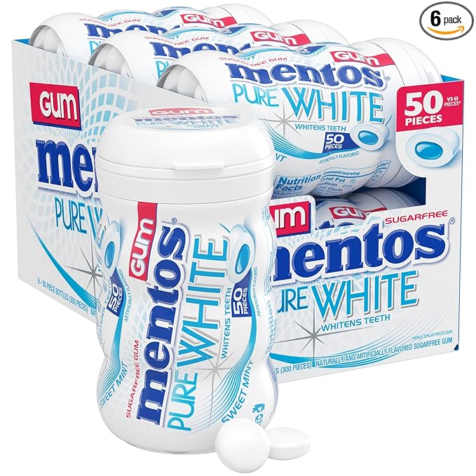 Mentos Pure White Sugar-Free Chewing Gum With Xylitol, Sweet Mint, Bulk, 50Piece Bottle (Pack Of 6)