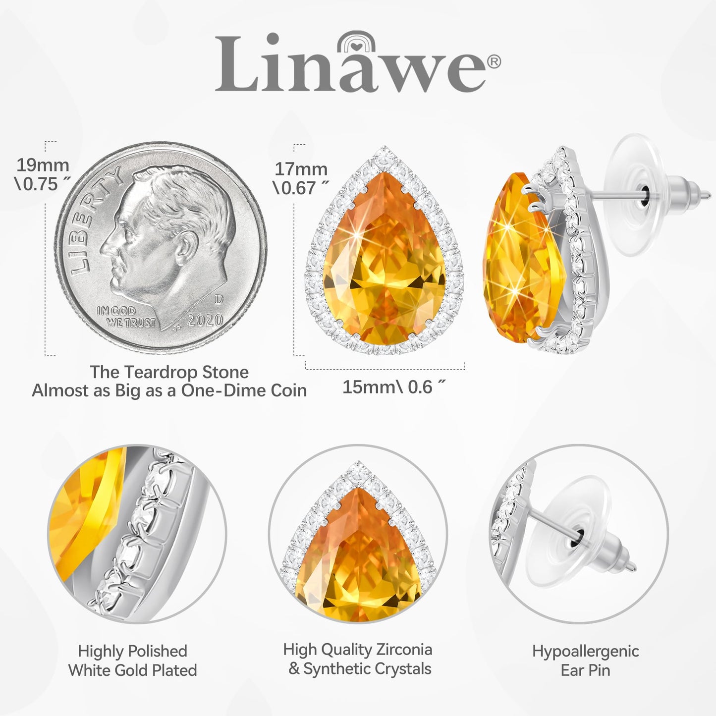 Linawe Yellow Orange Imitation Diamond Stud Earrings, Silver Citrine Cubic Zirconia Teardrop Rhinestone Crystal Earrings Studs, Wedding Earring Set White Gold Piercing Jewelry