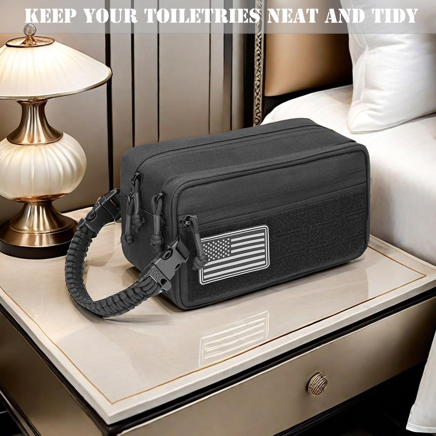 Lemubeane Tactical Toiletry Bag for Men Dry Wet Separate Dopp Kit Travel Hygiene Bag EDC Utility Tool Molle Pouch Mens Shaving Kit Travel shower Bags (Black)