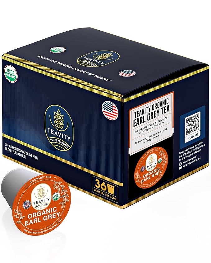 Organic Earl Grey Tea Pods for Keurig - Caffeinated Unsweet Black Tea for K Cup Brewing by Teavity (36 Tea Pods)