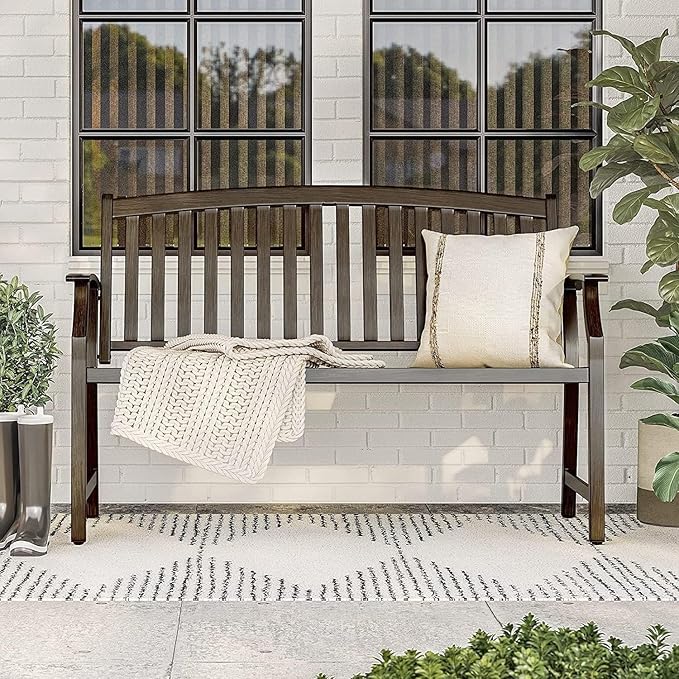Grand patio 52" Farmhouse Outdoor Bench, Garden Benches with Anti-Rust Aluminum Powder Coated Frame, Faux Wood Grain Finish Frame Patio Bench for Front Porch, Northwoods Brown