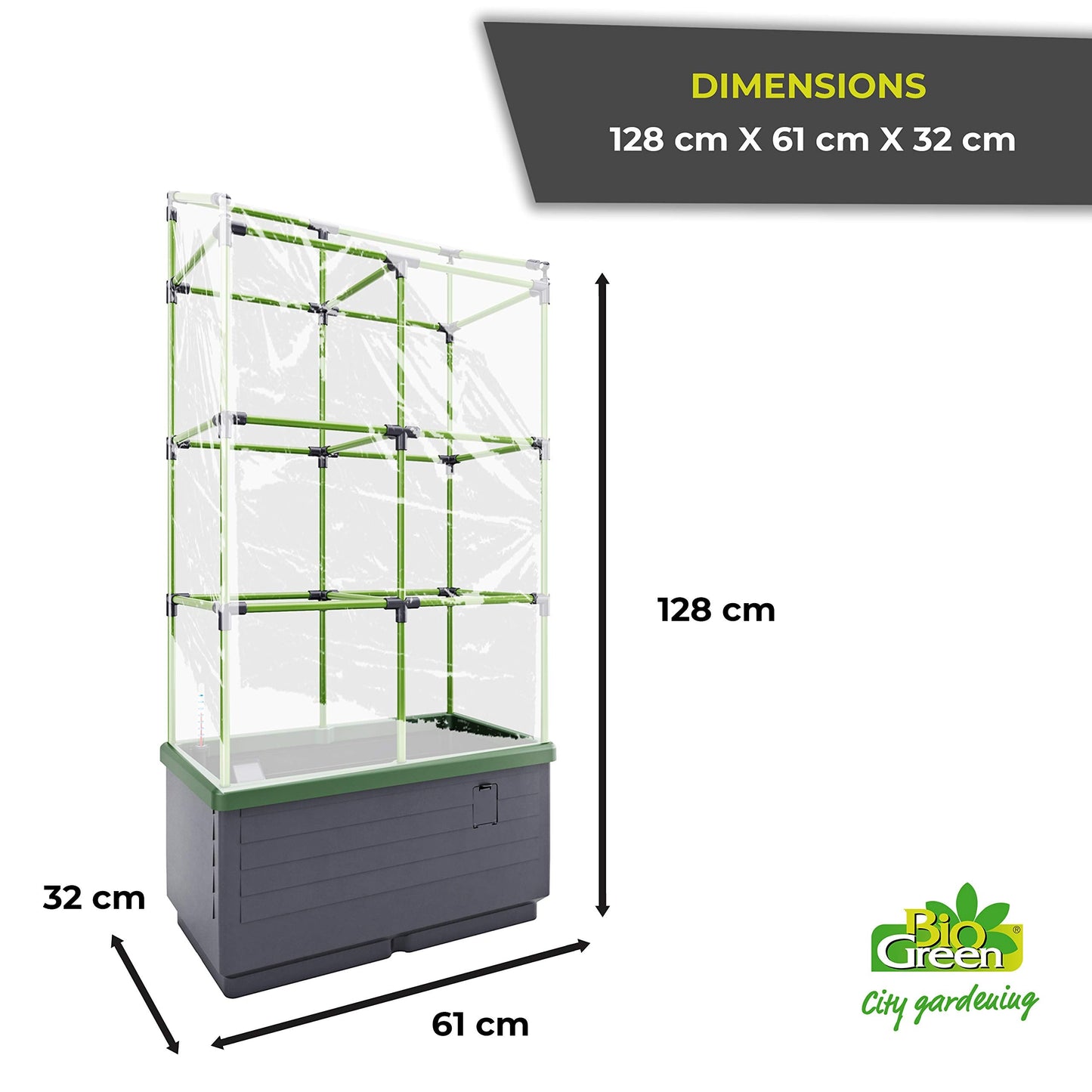 BioGreen Raised Garden Bed with Trellis CITY JUNGLE | 8.98 gal | 13“L x 24“W x 63.4“H | Integrated Irrigation System | Grey Self-Watering Planter Box