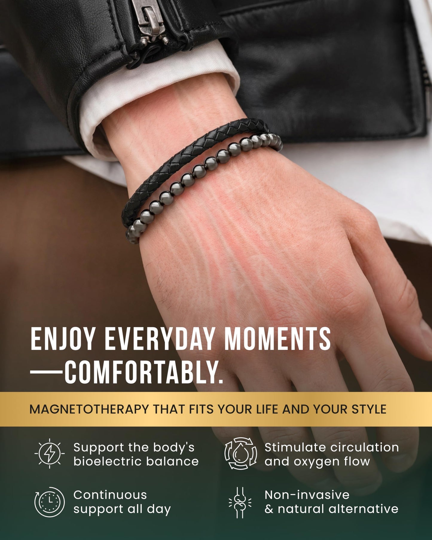 MagnetRX® Hematite & Leather Bracelet – Max Strength Magnetic Stone Beaded Bracelets for Men (Large)