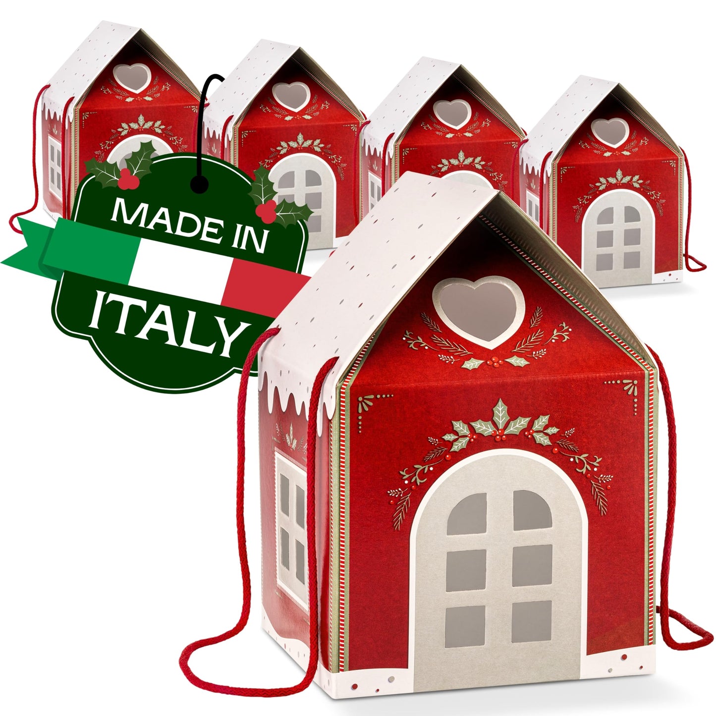 Pack of 5 House Shaped Gift Boxes (7.87 x 7.87 x 7.08 inch) - Mansion Ideal for Presents and for Treats - Red Christmas
