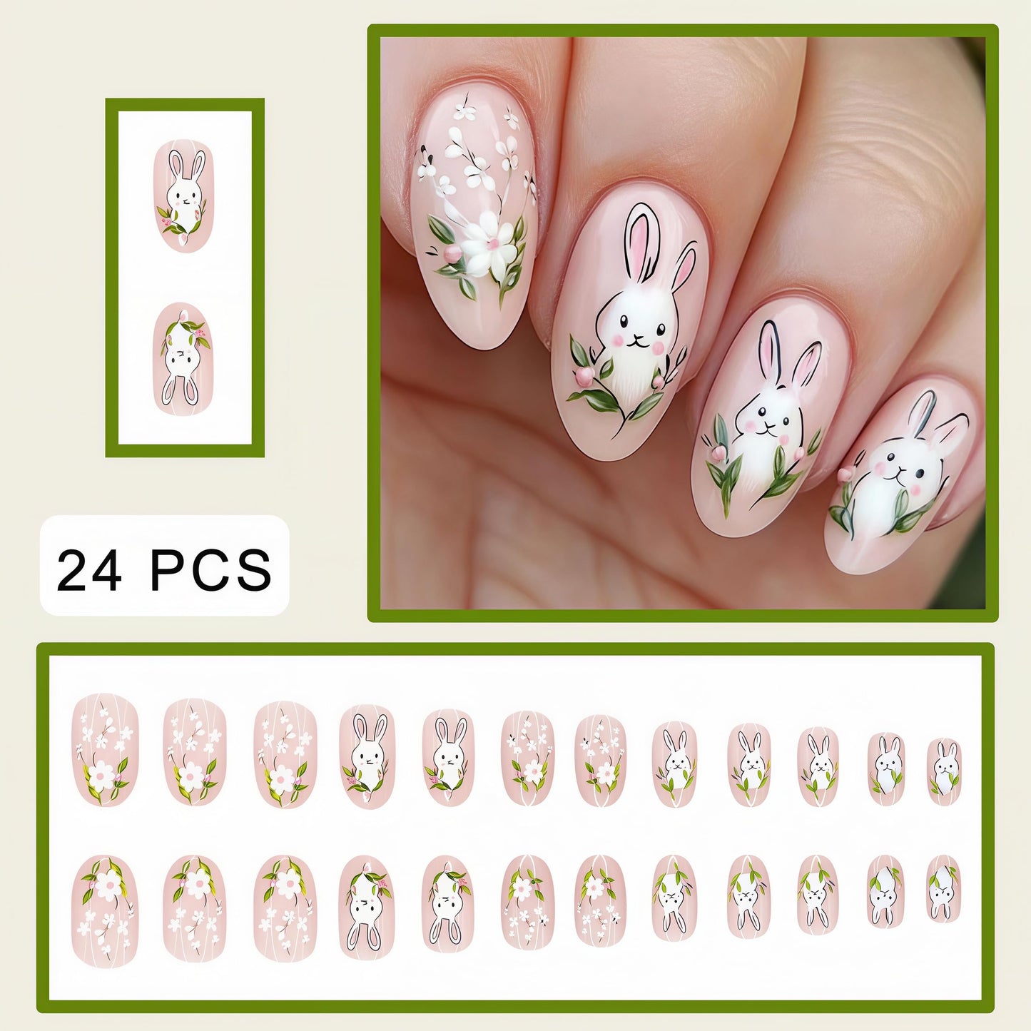 Spring Summer Easter Press on Nails Short Round Fake Nails Cute rabbit False Nails Summer Flowers Rabbit Acrylic Stick on for Women Girls Easter Manicure Decoration 24Pcs