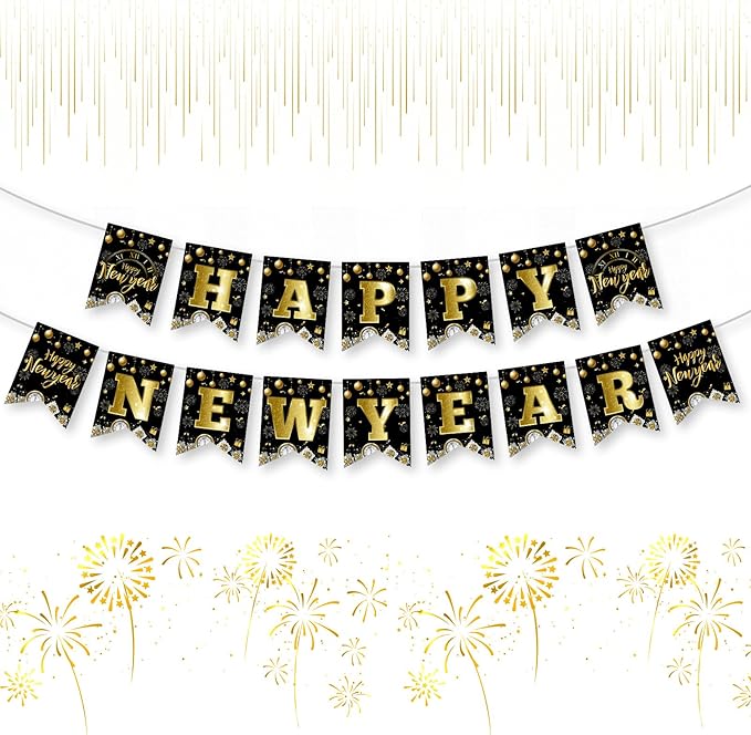 Black & Gold Happy New Year Banner Garland