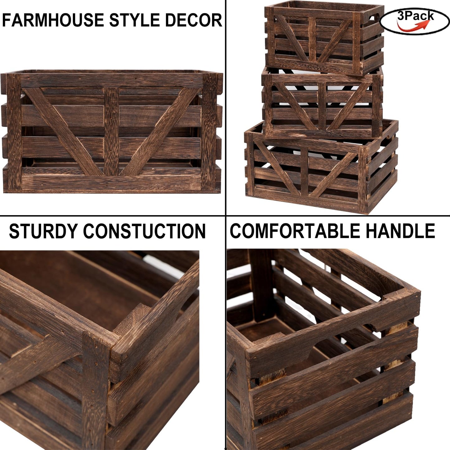 LYDWOO8D Nested Wooden Storage Crates Set of 3 (L,M,S),Farmhouse Decorative Boxes with Handles for Home Organization & Display