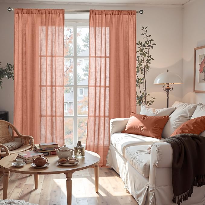 BGment Terracotta Linen Curtains 102 Inch Length for Living Room, Sheer Long Window Drapes for Bedroom Farmhouse Decor with Rod Pocket Boho Rustic Textured Lightweight, 2 Panels Set, Each 52 Inch Wide