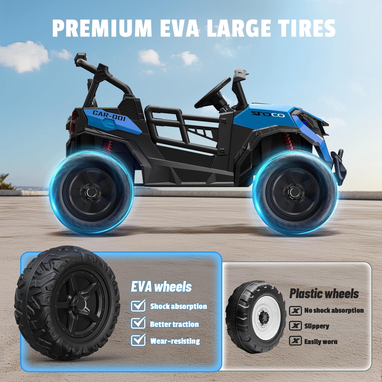 ARBELI 24V 2 Seater Ride on Car Truck 4x200W, EVA Tires, 4WD/2WD, Rainbow Lights, Remote Control, Shock Absorbers, Bluetooth, Ride on Toy for Big Kids Ages 3-8, Blue