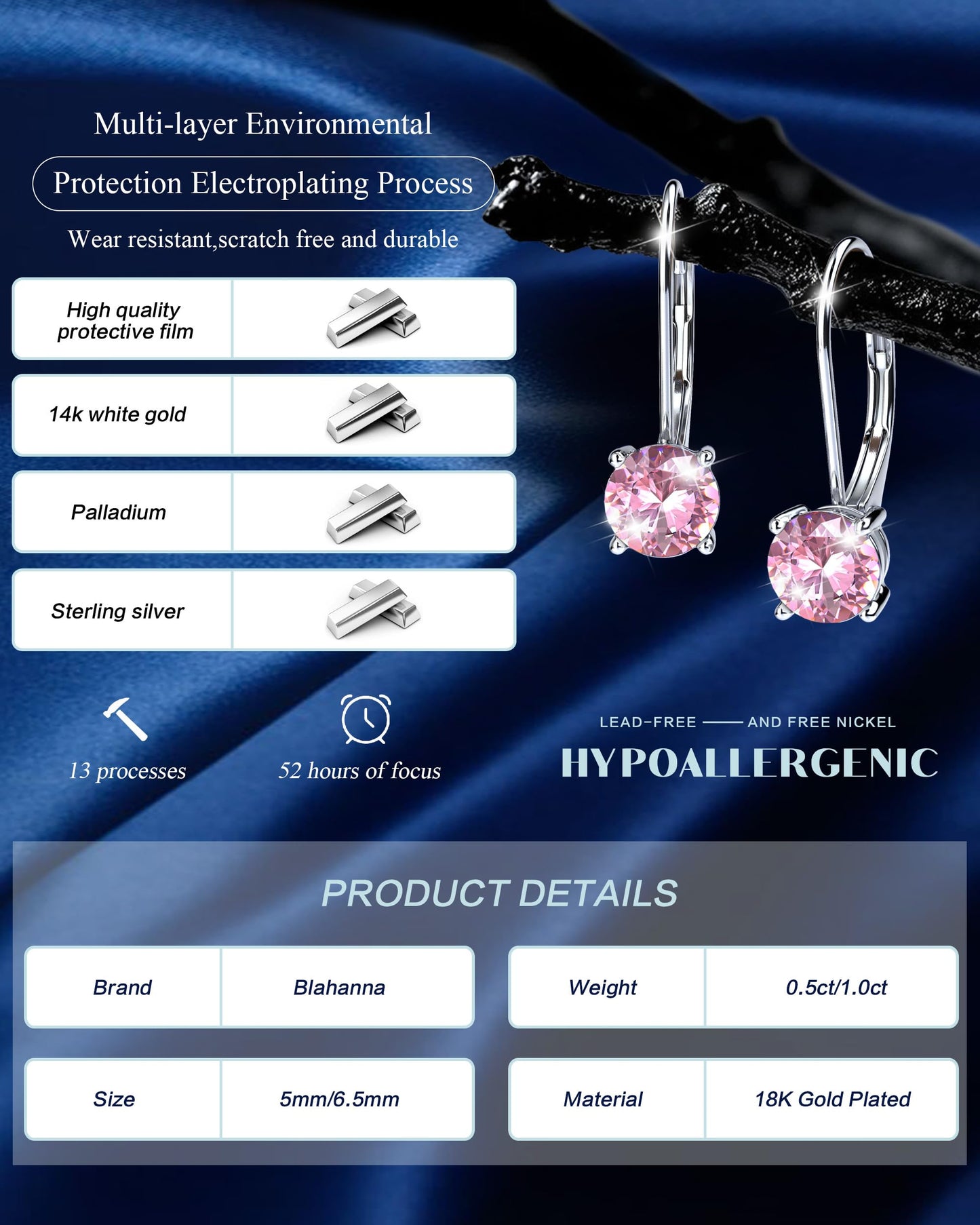 Blahanna Moissanite Earrings,1.0ct-2.0ct D Color Brilliant Round Cut Earrings S925 Sterling Silver Dangle Earrings Moissanite Leverback Drop Earring