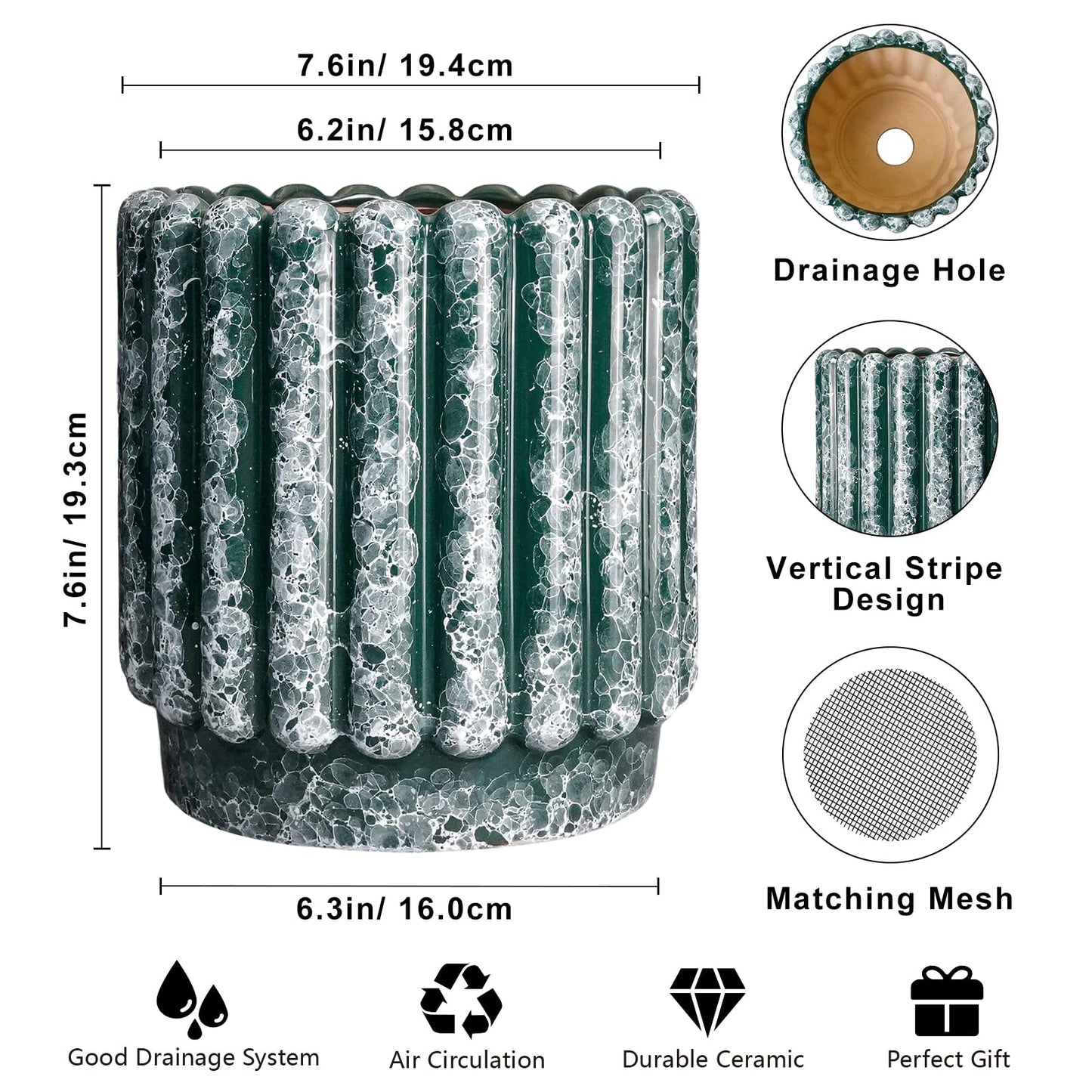 Ceramicfor Ceramic Flower Pots 7.6 Inch - Ceramic Planters for Indoor Outdoor Plants, Decorative Plant Pot with Drainage Hole, Round Fluted Planter, Home Room Decor, Housewarming Gifts, Green