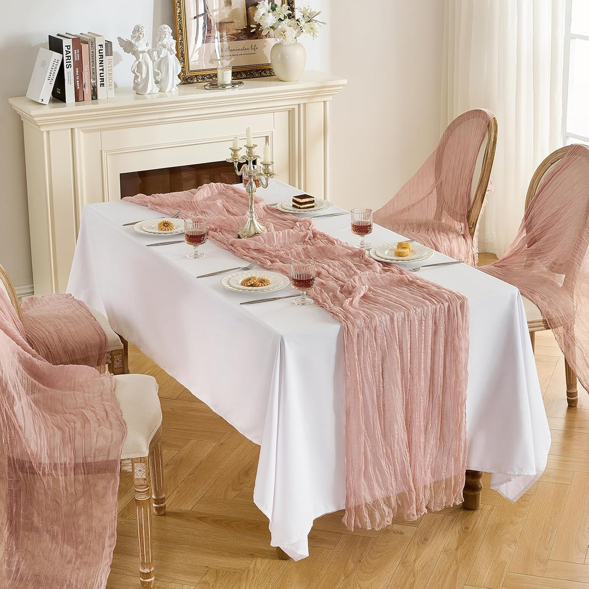 Fanami 3 Pack Cheesecloth Table Runner -10FT Dusty Pink Boho Gauze Cheese Cloth Table Runner 120 Inches Long Rustic Sheer Fabric Centerpieces for Wedding Birthday Party Bridal Baby Shower Decorations