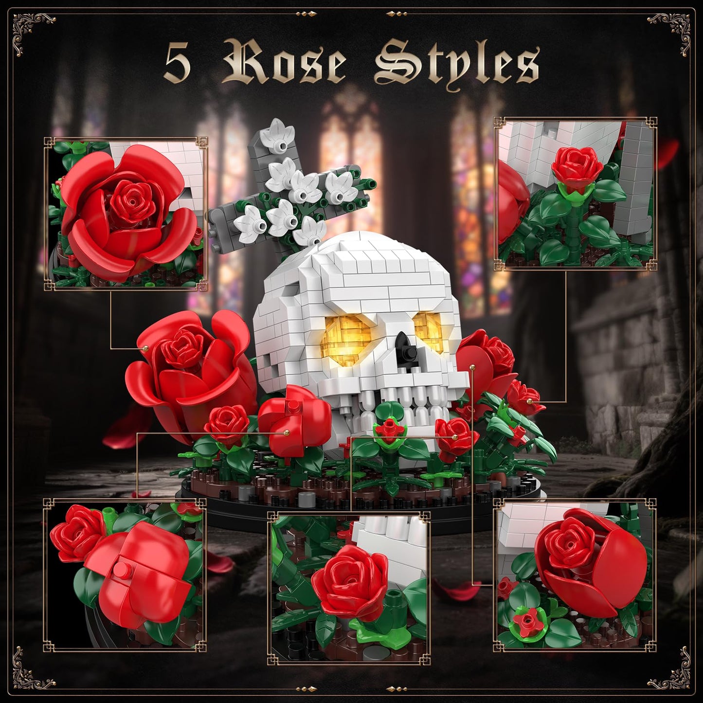 Vziimo Skull & Flowers Building Set, Gothic Skull Roses Micro Building Blocks Decor Model Kit with Cross, Horror Gifts for Adults, Teens Age 14+, Gothic Art Fans (582 PCS)