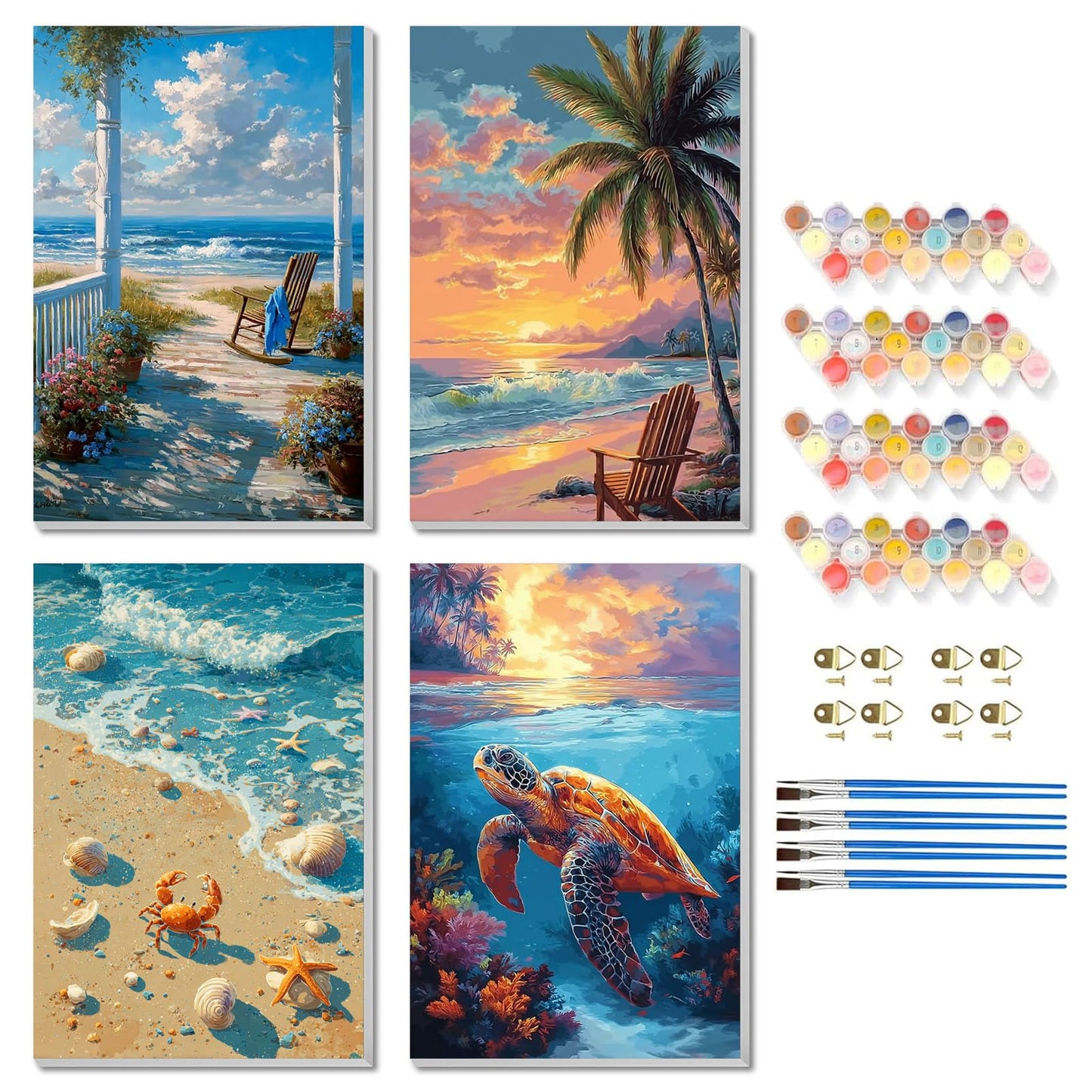 TBAIRO 4 Pack Framed Paint by Numbers Kit for Adults Beginner Beach DIY Painting Kits for Adults Sea Turtle Easy Adult Paint by Number Kits on Canvas for Wall Art Decor 8x12 Inch