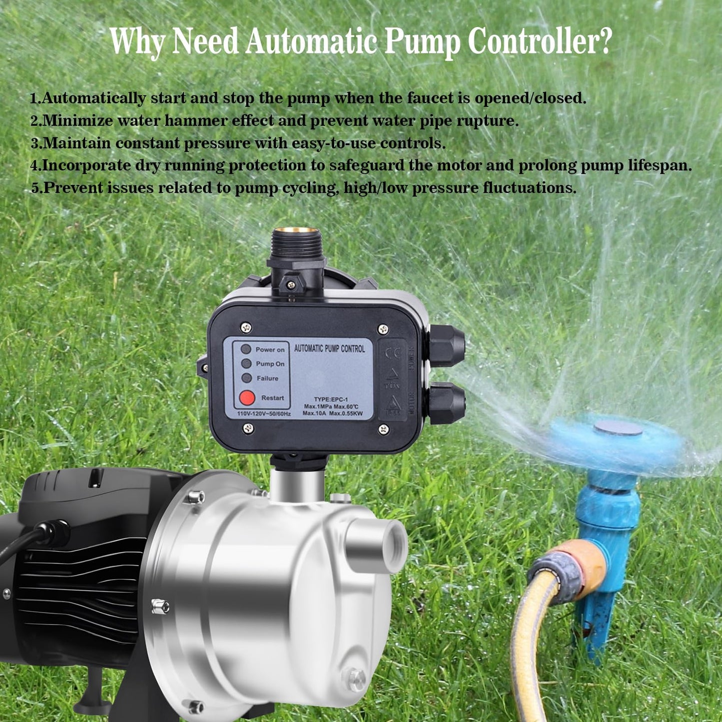 MARSTEK IP65 Automatic Water Pump Controller，Water Pump Pressure Switch Water Flow Sensor Switch Electronic Pump Pressure Regulator for Self-priming Pump，110V-120V~50/60Hz