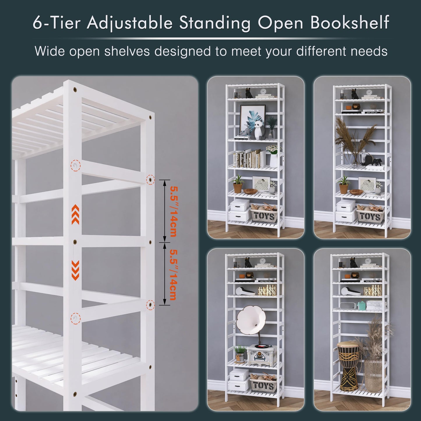 HITNET Bookshelf, 6-Tier Tall Bookcase Freestanding Bamboo Book Shelf Bathroom Storage Organizer with Adjustable Shelves, White