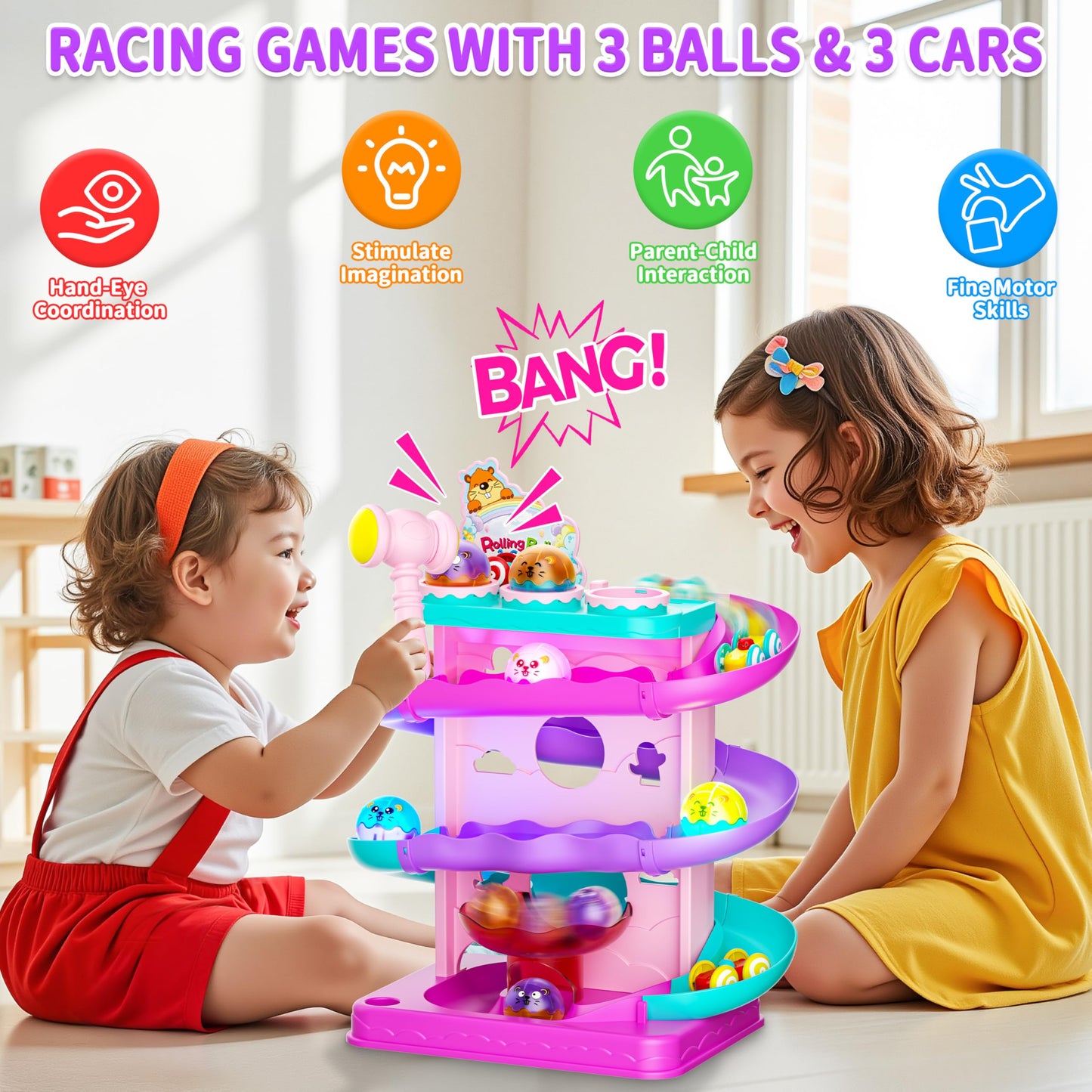 Funwee 2-in-1 Rolling Ball & Racing Car Ramp Toy for Toddlers, Race Track Hammer Lights Ball Drop, Interactive Montessori Learning Game Birthday Gift Idea for Kids 1 2 3 4 5+Year Old Girl Boy(Pink)