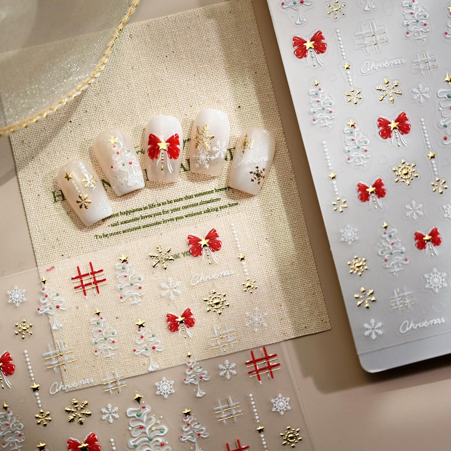 Christmas Nail Art Stickers– 3D Winter Holiday Red Bow, Snowflakes, Christmas Tree Designs – Self-Adhesive Decals for DIY Christmas Nails Manicure Decorations(1 Sheet)