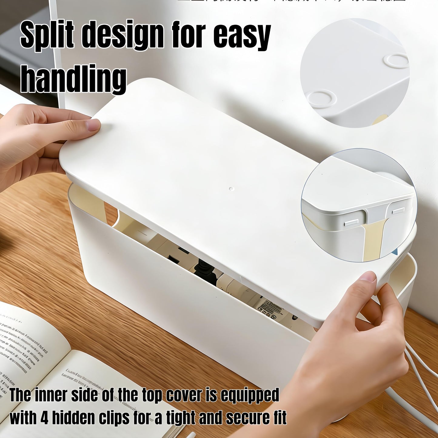 1 Large + 1 Small Cable Management Box Set – 2-Piece Cord Organizer Box, Home Office Desk Wire Storage & Cable Management Solution (Acryliclid lid/White)