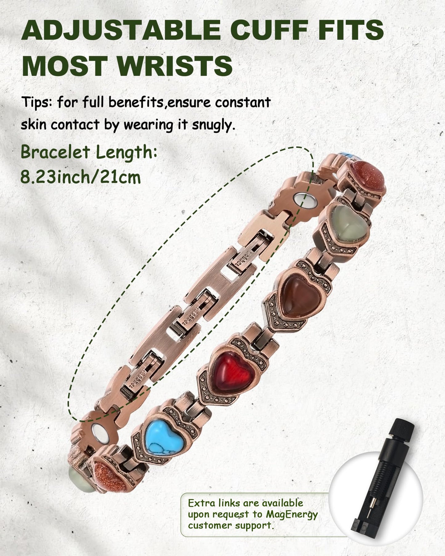 MagEnergy Copper Bracelet for Women, 99.99% Pure Solid Copper Bracelet with 3500 Gauss Magnetic, Adjustable, Jewelry Gift (Copper-Heart+Ring/B)
