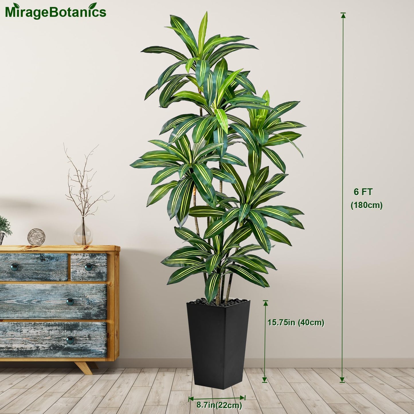 Artificial Dracaena Tree 6FT Tall Fake Plant with White Planter - Realistic Faux Dragon Tree with Tall Planter - Indoor Floor Plant for Home, Office,Mall, Living Room, Bedroom Decor