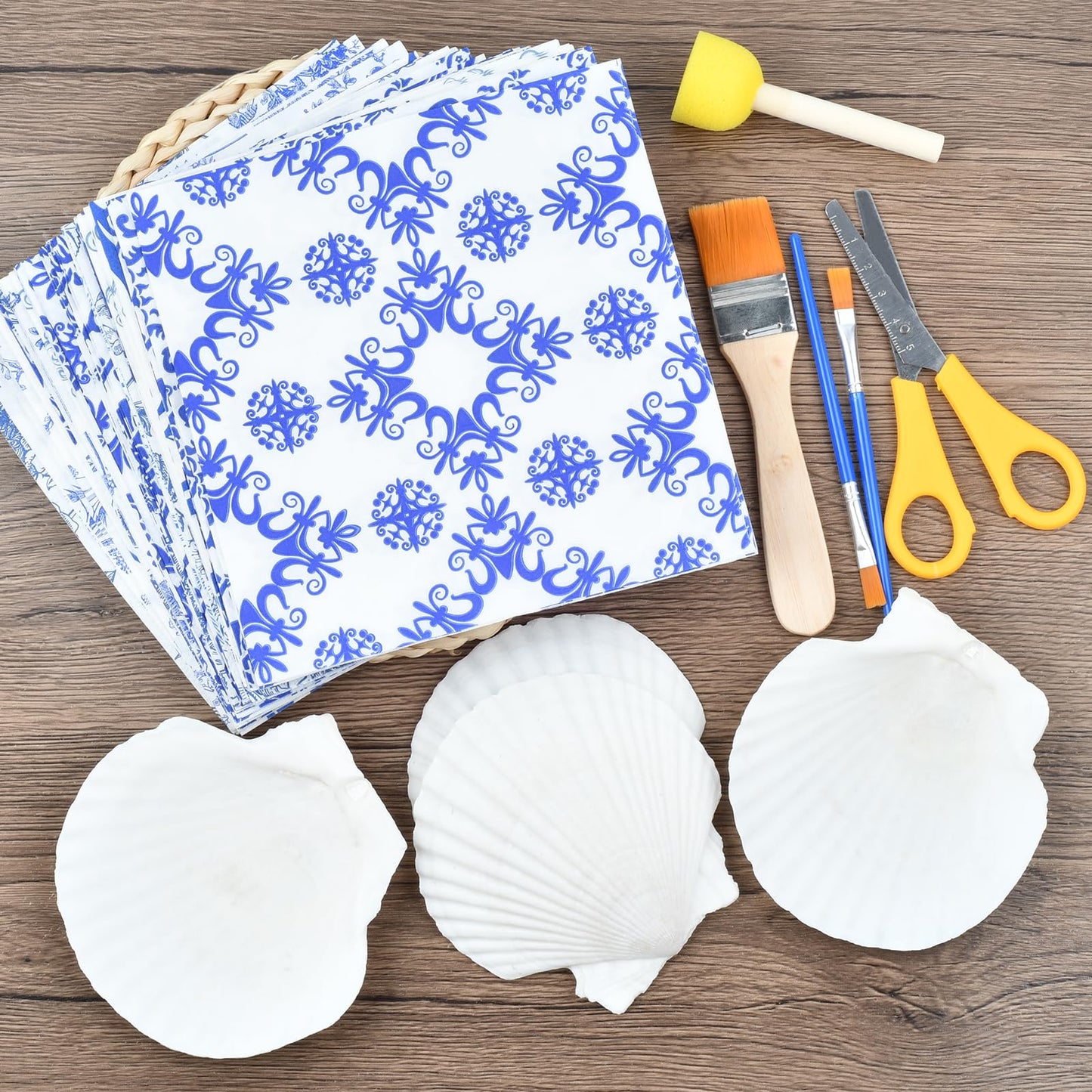 The Left Bridge Scallop Shells Decoupage Kit, DIY Sea Shells with Decoupage Paper, Coastal Home Decor Crafting Kit for Adults, Chinoiserie Style Handmade Shell Craft Ornaments (No Glue and Pigment)