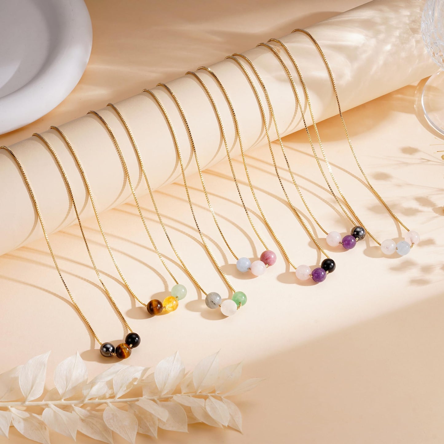 Suarlly Healing Crystal Necklace for Women 14k Plated Gold Beaded Necklace Anxiety Relief Empath Protection Amethyst Gifts for Friends Sister Mom Daughter Jewelry