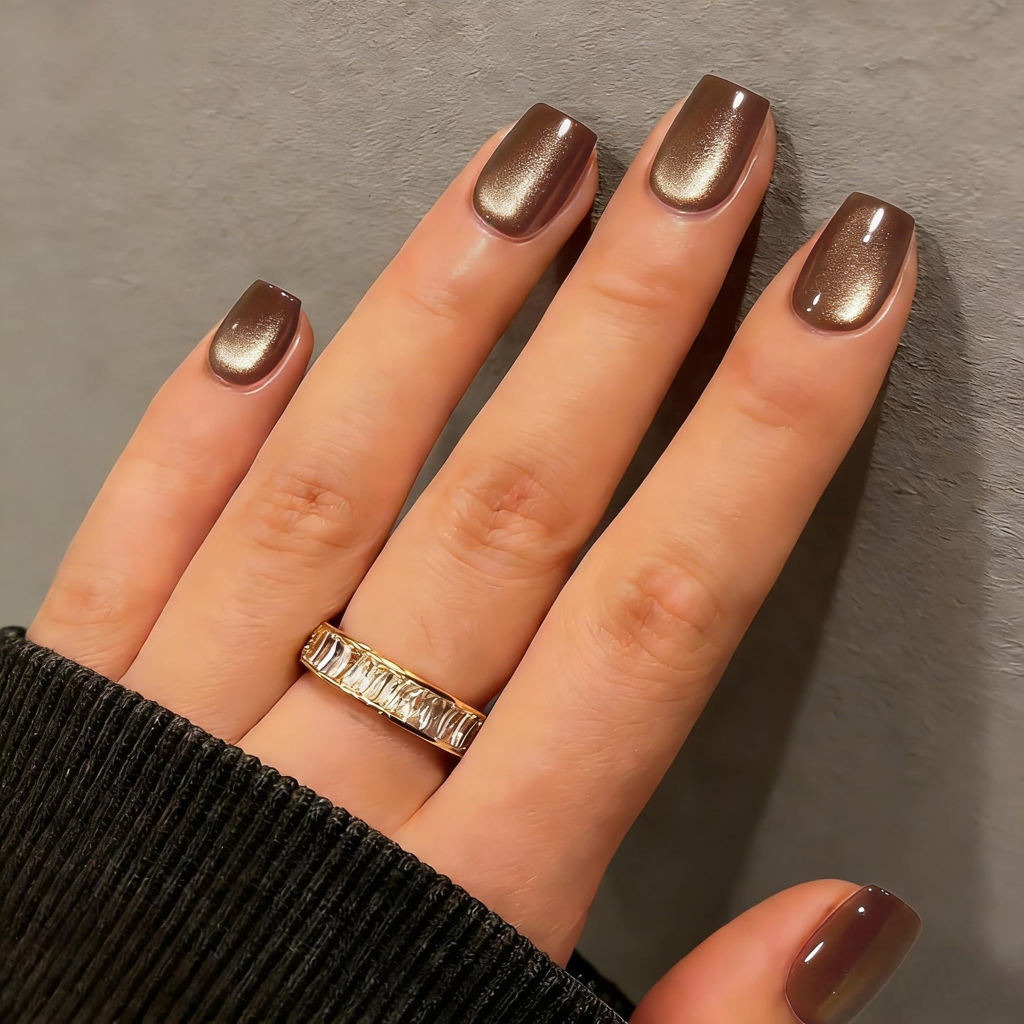 KQueenest Cat Eye Press On Nails Short - Coffee Brown Press On Nails Square, 30 Pcs 15 Sizes Sparkly Glitter Fake Nails Press ons, Thick Quality, Reusable Small Glue on Nail for Women Fall Winter