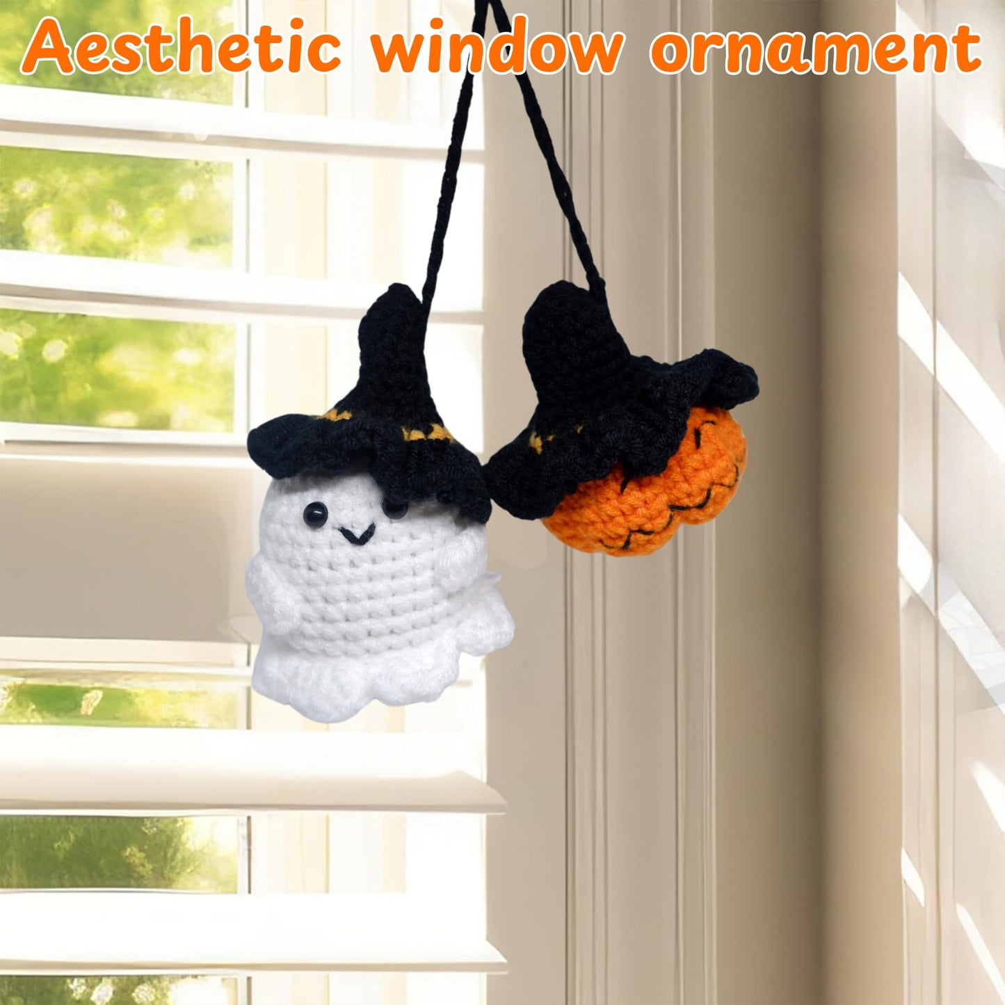 Crochet Pumpkin Ghost Car Hanging Decor, Handmade Ghost And Pumpkin Car Hanging Rear View Mirror Ornament Decoration, Cute Cars Accessories, Halloween Ornaments (Ghost&Pumpkin)