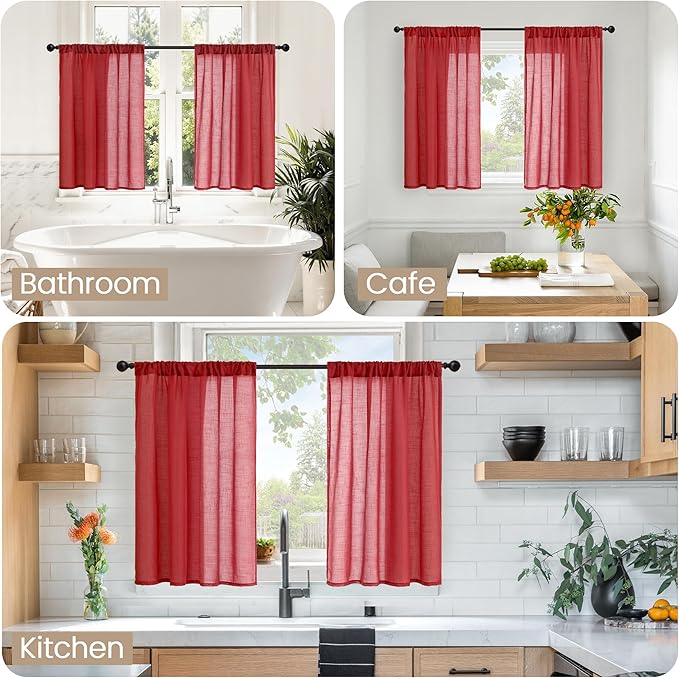 BGment Red Linen Curtains 40 Inch Length for Kitchen Window, Short Semi Sheer Drapes with Rod Pocket Light Filtering for Cafe Over Sink Bathroom Lightweight, 2 Panels, Each 30 Inch Wide