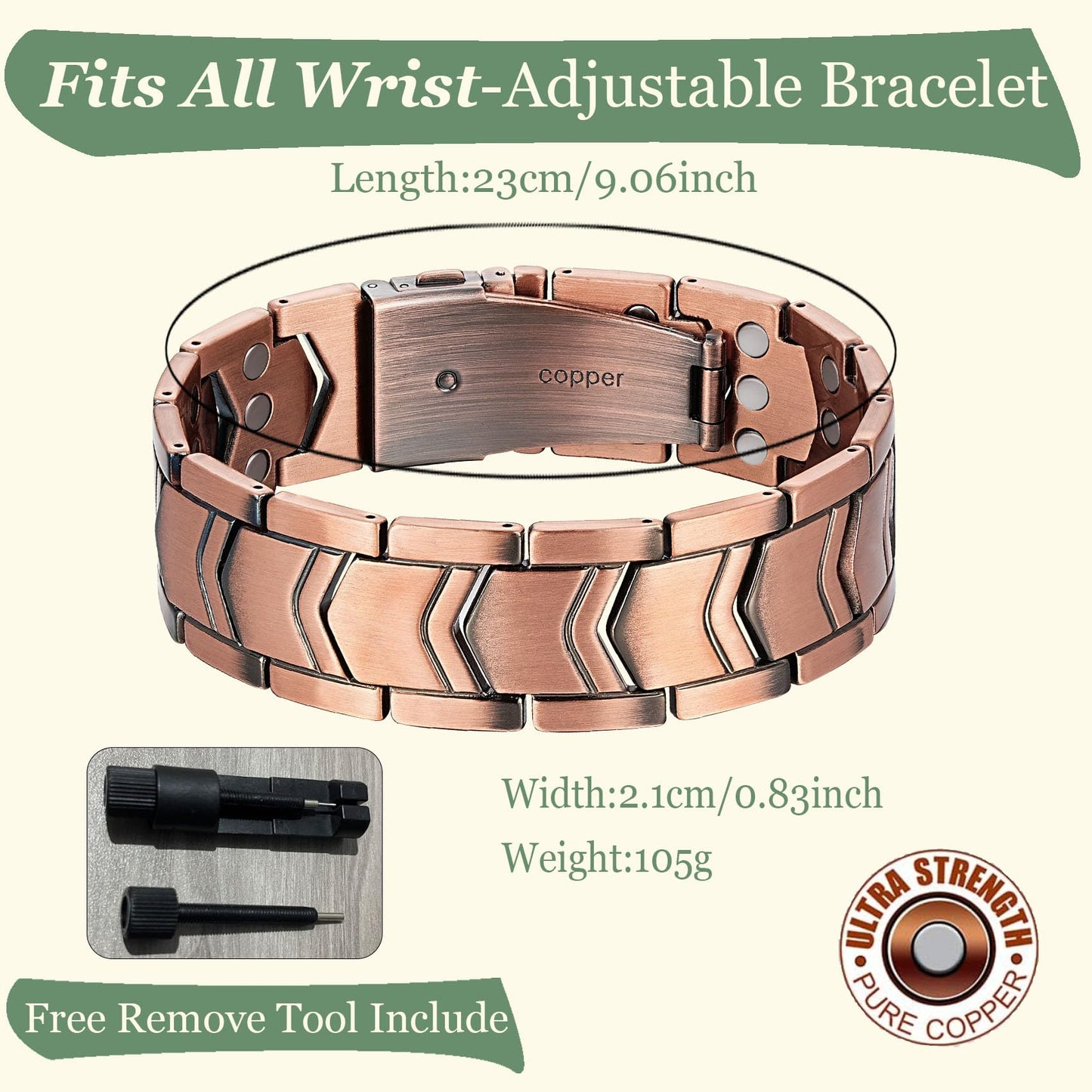 Krilicy 99% Pure Copper Bracelet for Men with 3X Ultra Strength Magnet Bracelet,Adjustable Length with Sizing Tool