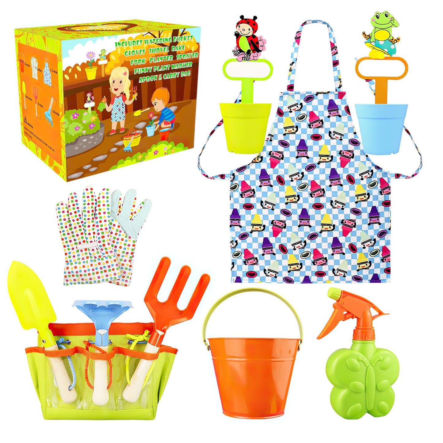 Kids Gardening Tools Kit Children Garden Toy Includes Tote Bag, Spade, Watering Bucket, Spray Bottle, Flower Pot, Apron, Rake, Plant Marker, Fork, Rake and Gloves
