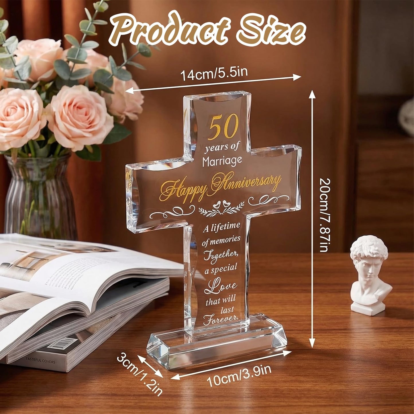 50th Wedding Anniversary for Couple Gifts, Religious Standing Cross Crystal with Wedding Keepsake Box, Laser Engraved 50 Year Anniversary Romantic Gift for Decorations, Couple, Her, Him