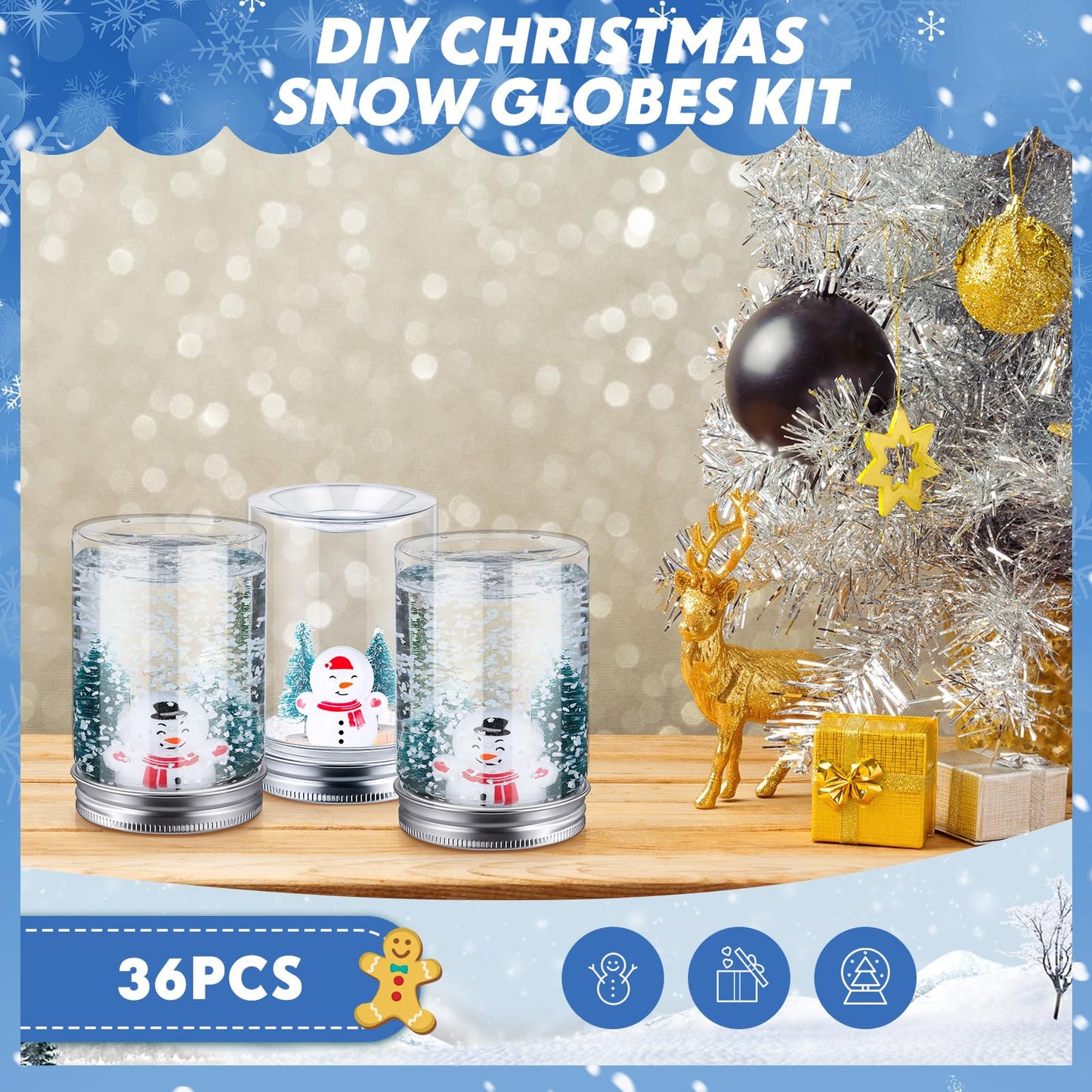 Jerify 36 Sets Christmas Plastic DIY Snow Globes Kit for Craft Adult Includes 36 Clear Snow Globe 3.1", 72 Mini Pine Tree with Base, 36 Miniature Snowman and Fake Snowflake for Table Home Xmas Decor