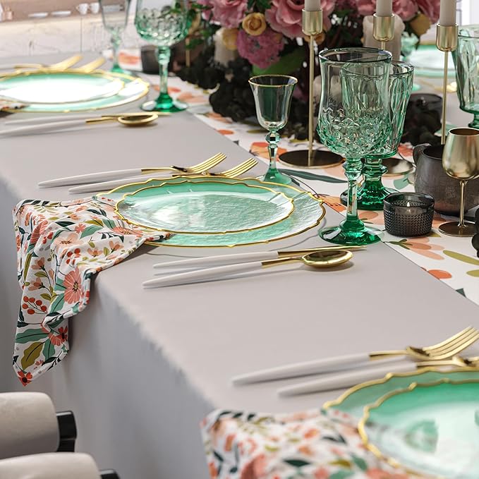 Mint & Gold Rim Disposable Party Plates 40pc – Fancy Plastic Dinnerware Set for 20 Guests | Dessert & Dinner