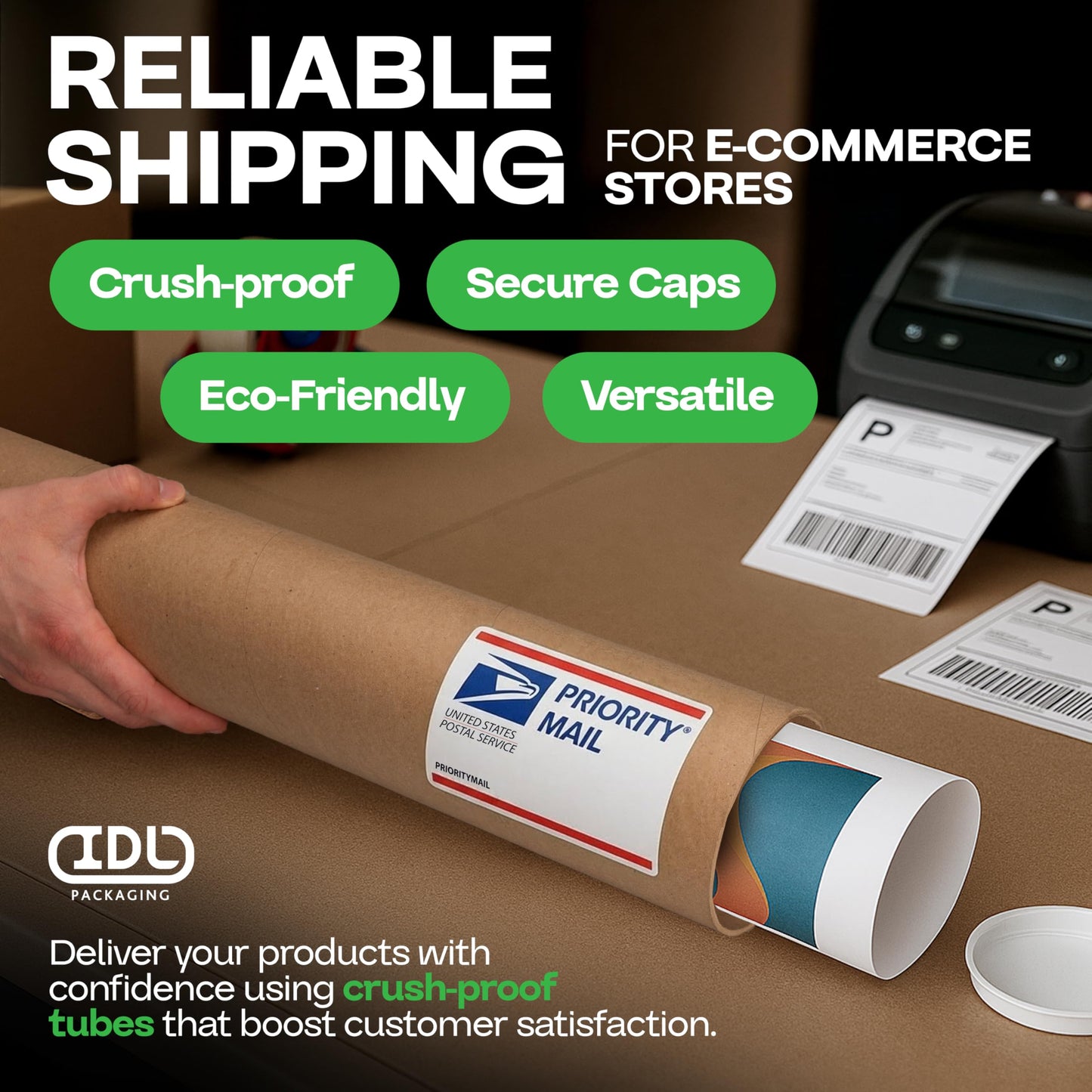 IDL Packaging Cardboard Mailing Tube, 4" x 48" with Plastic Caps - USA-Made USPS Approved Poster Tube for Documents & Blueprints - Reinforced Mailing Cylinders for Shipping & Storage