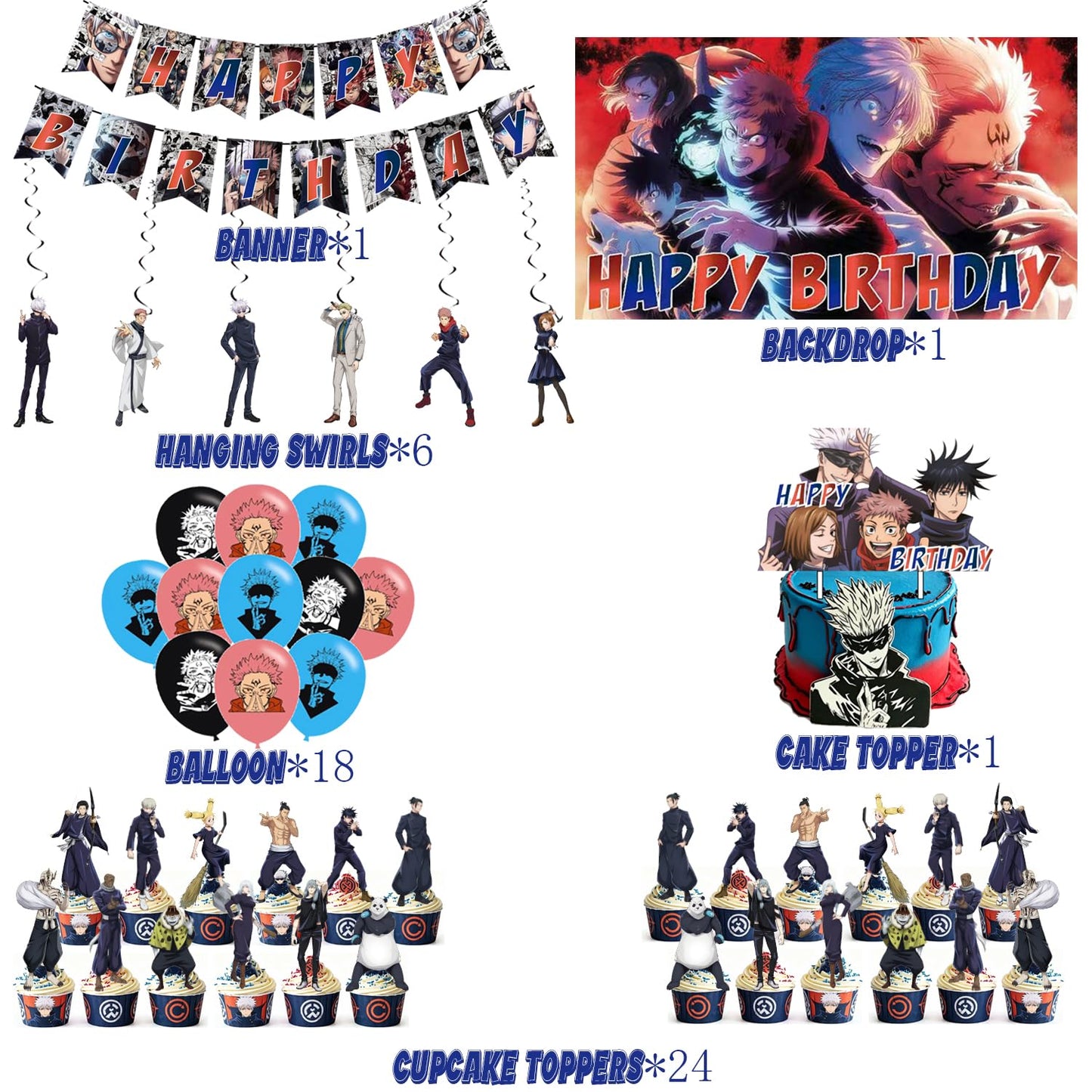 animation Jujutsu theme birthday decorations, Kaisen‌ party supplies,Including: banners,Balloon, background,cake toppers.