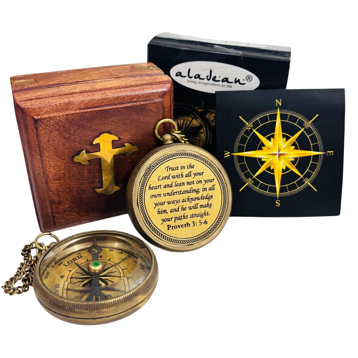 Trust in The Lord - Proverbs 3: 5-6 Engraved Compass, Wood Box Greeting, Inspirational Gift Men, Christian Boys Baptism Gifts, Graduation Day (#1 Lord's Compass)