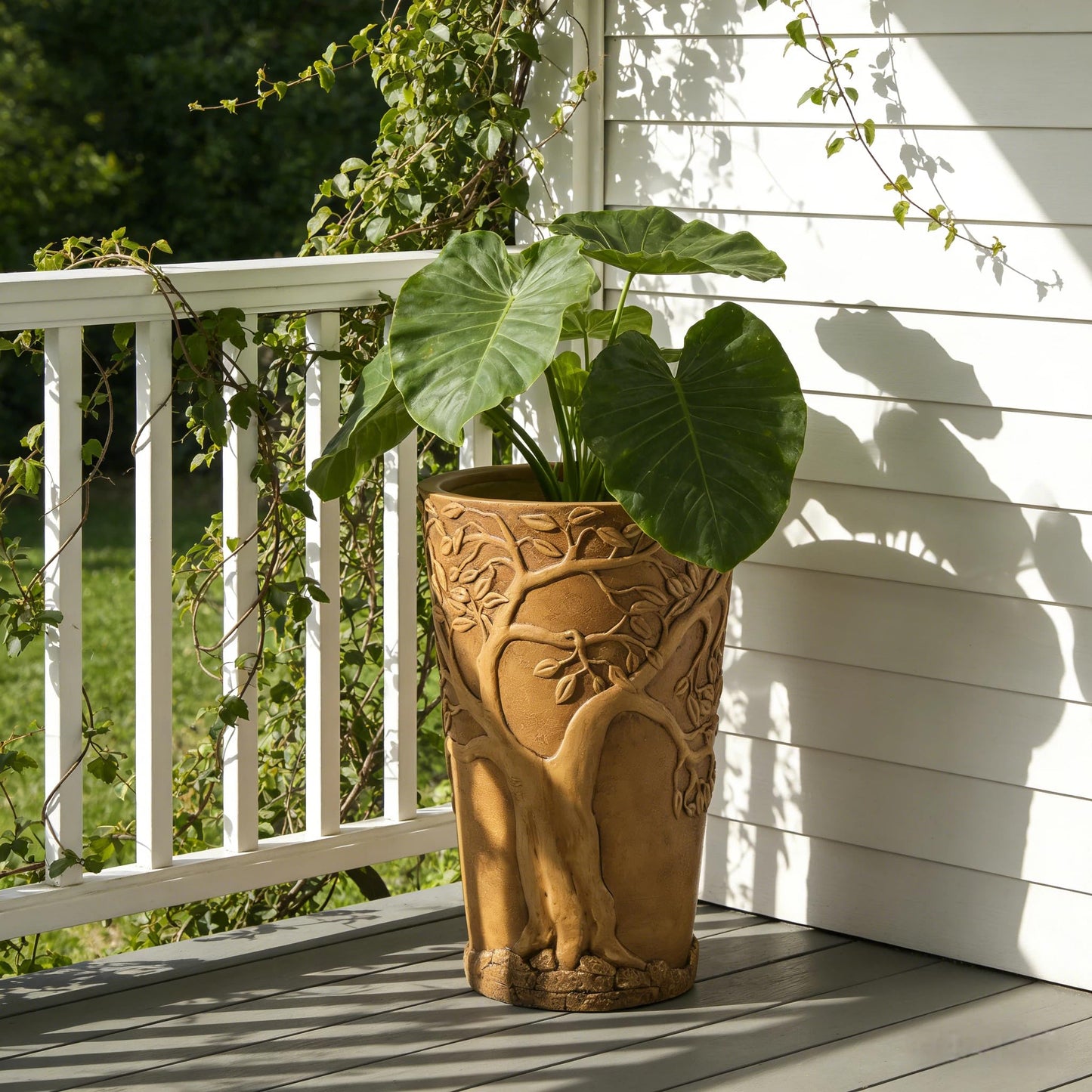 Merax 25.2" Tall MGO Planter, Antique Bronze Tree Embossed Indoor Outdoor Plant Pot, Cylindrical Weather-Resistant Large Planter with Drainage Hole for Trees, Shrubs, Patio Decor, Antique Bronze