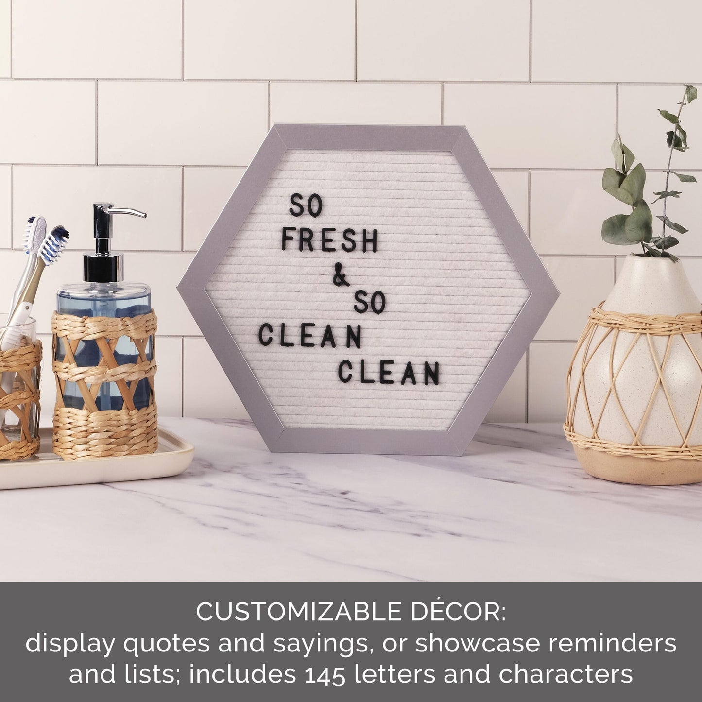 Melannco Felt Letter Board, Hexagonal, with Letters & Numbers, for Announcements, White & Silver