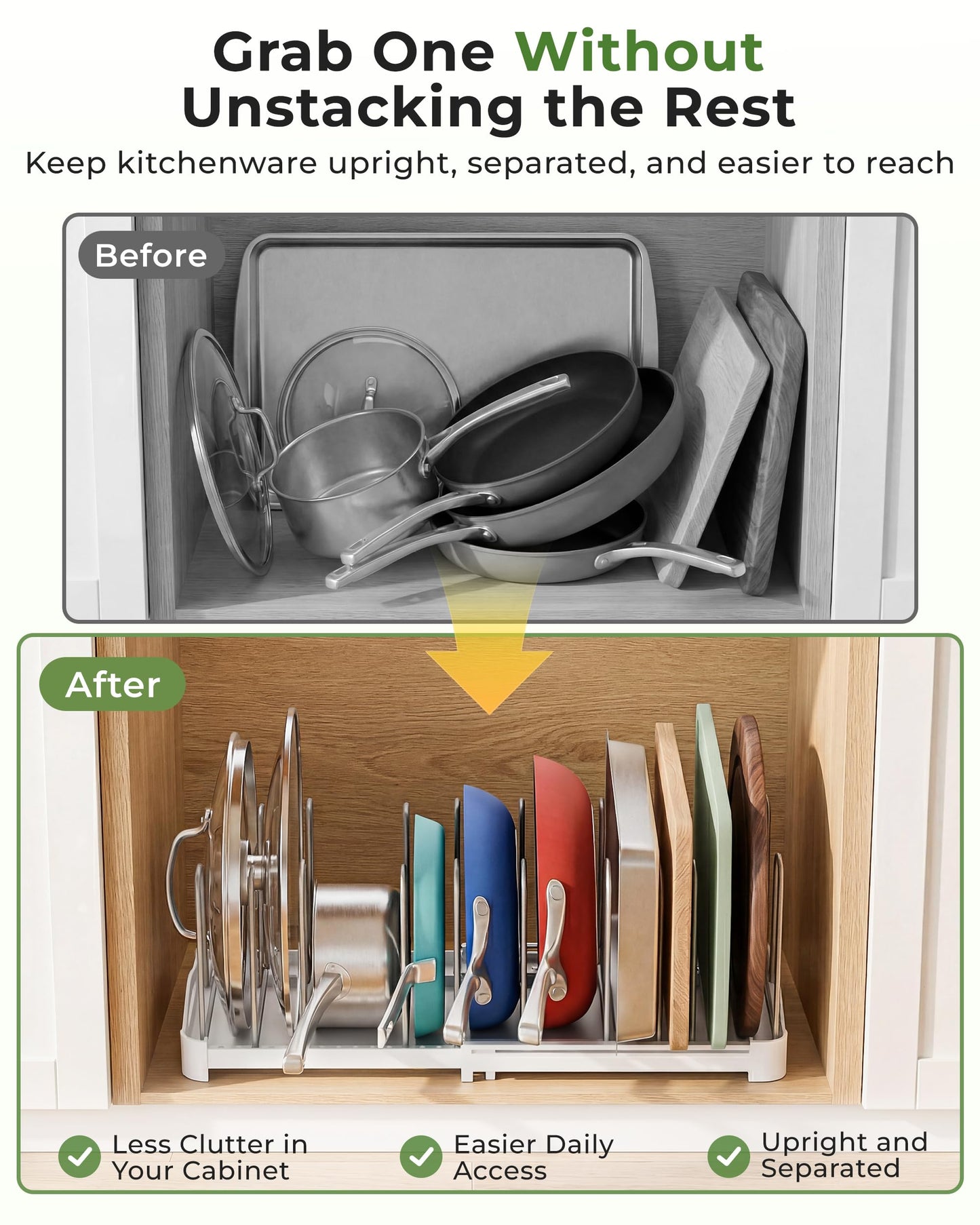 EVERIE Adjustable Bakeware Organizer Pot Lid Holder Rack for Pots, Cake Molds, Cutting Boards, Mats, Cookware, GS02SS, 7.7'' Deep by 12.6'' to 21.5'' Wide