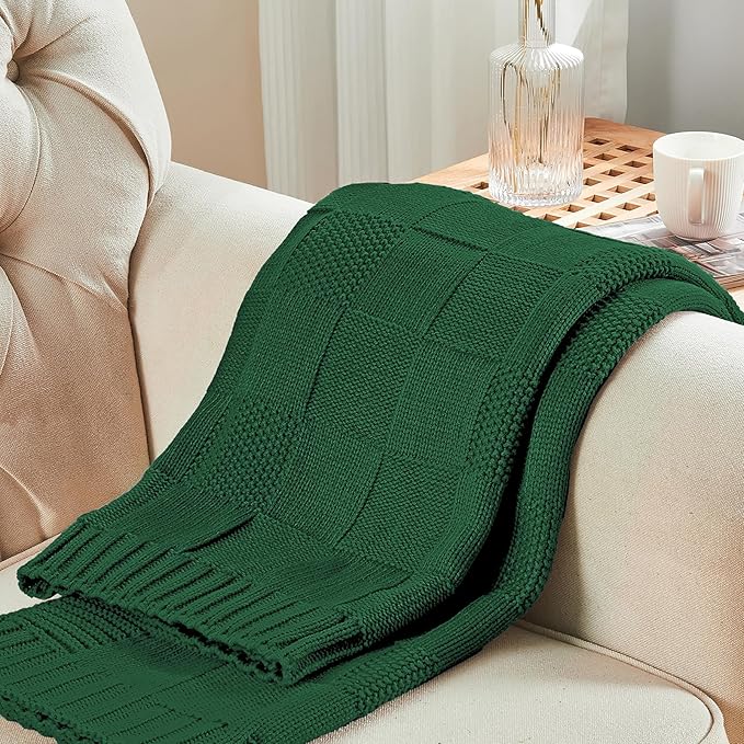 CozeCube Knit Throw Blanket, Green Checkered Throw for Couch, Soft Cozy Warm Knitted Blanket for Bed Sofa Living Room, 60"X80", Forest Green