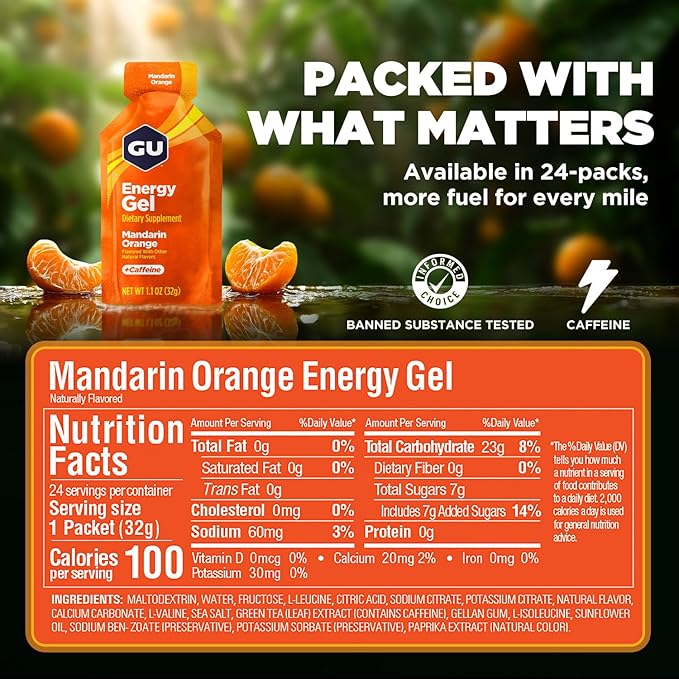 GU Energy Original Sports Nutrition Energy Gel, Vegan, Gluten-Free, Kosher, and Dairy-Free On-the-Go Energy for Any Workout, 24-Count, Mandarin Orange