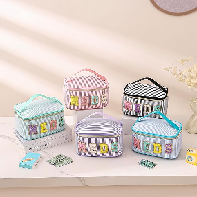 uekeboag Personalized Chenille Letter Seersucker MEDS Makeup Bag,Large Size Medicine RX Cosmetic Bag with Top Handle, First Aid Travel Organizer Bag for Women Girls(02Light Green)