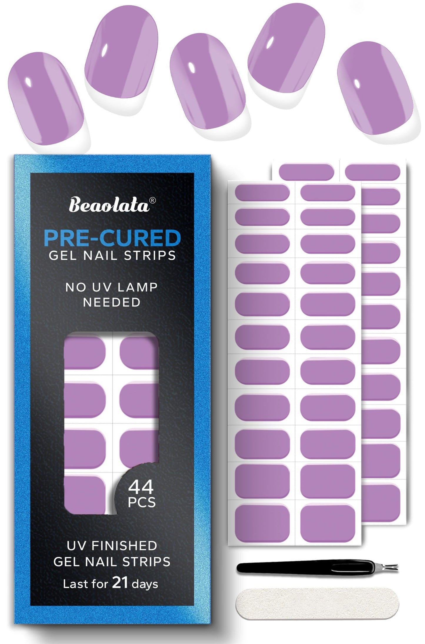 Beaolata Real Gel Nail Strips (No UV Light Needed) - 44Pcs Salon Quality Nail Stickers - Long Lasting Polish Wraps for Women, Easy Apply & Remove (Lilac Dream Purple)